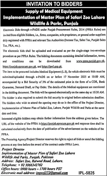 Wildlife & Parks Lahore Tender Notice